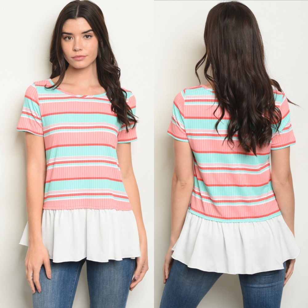 Coral and mint ruffled top